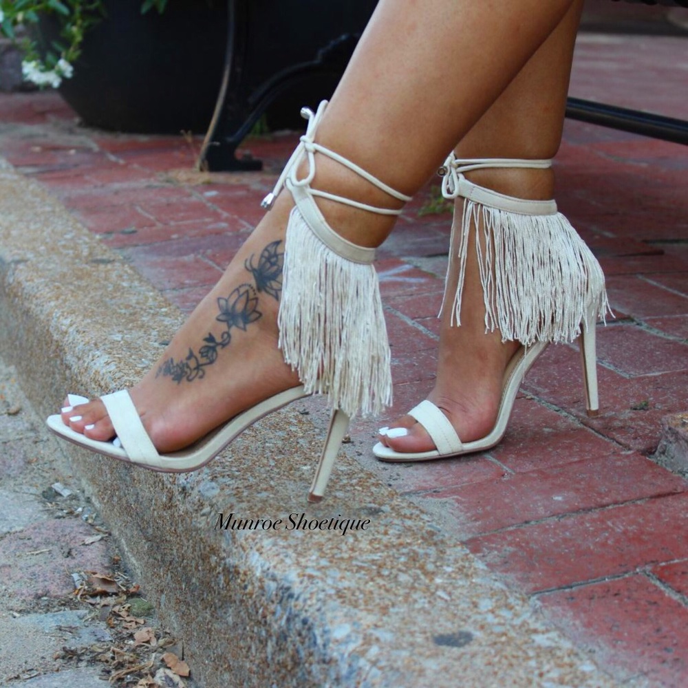 Nude Fringe Ankle Tie Heel Sandal